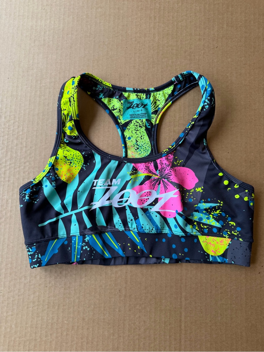 Zoot Black Sports Bra with Neon Pink, Neon Yellow & Aqua Floral Print